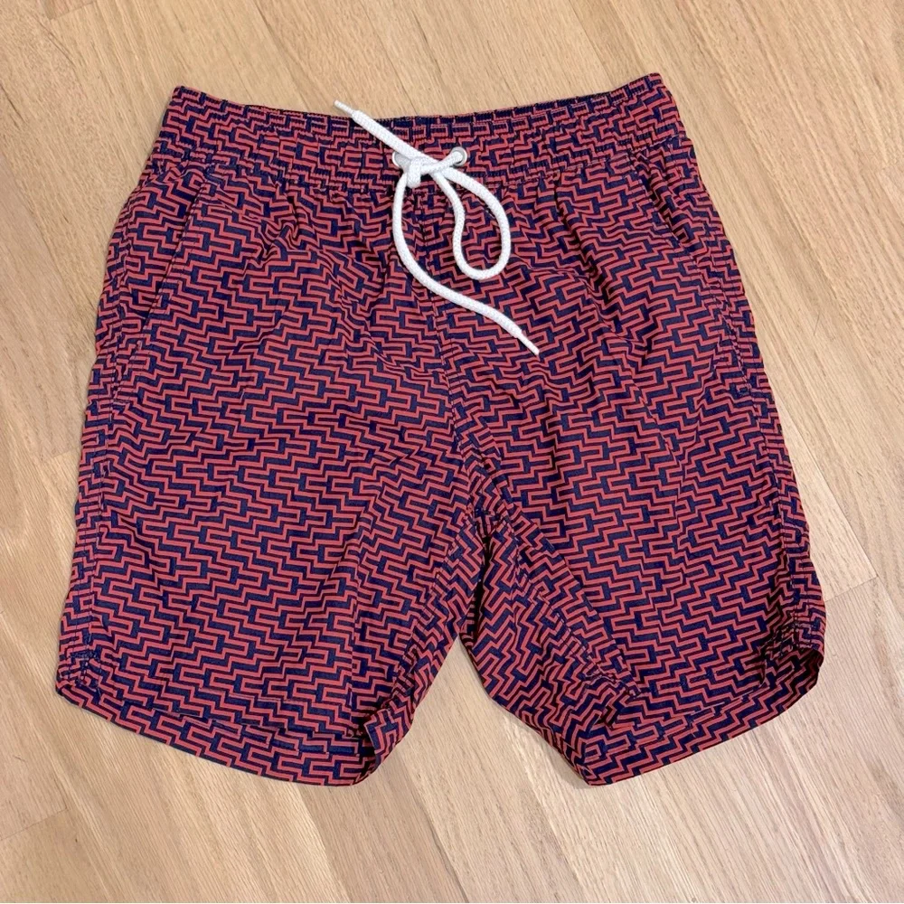 J. Crew Men's Swim Trunk Red Geometric Print Mesh Lined  Size XS